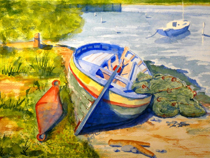Peinture intitulée "Barque sur la grèves" par Jacques Paulus, Œuvre d'art originale, Aquarelle