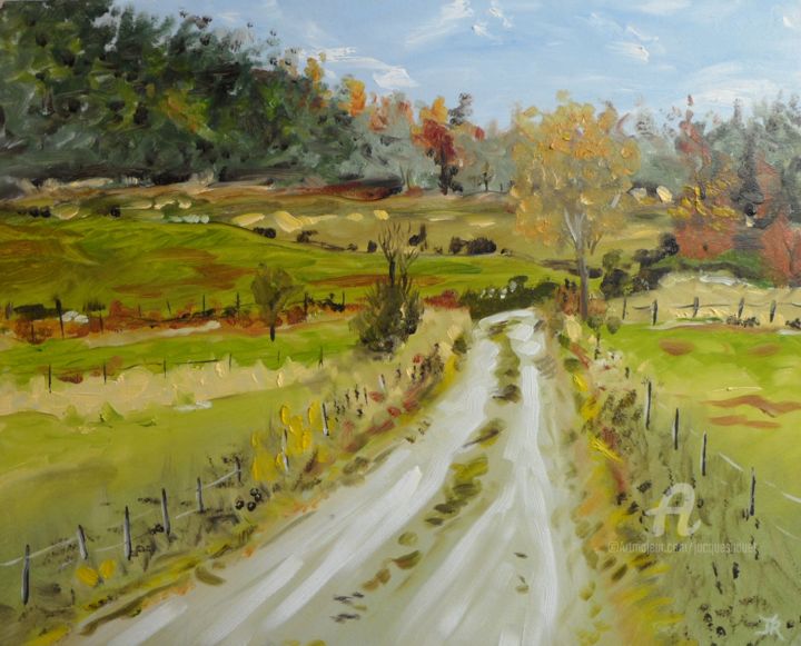 Pintura intitulada "Chemin d'automne en…" por Jordan Ravy, Obras de arte originais, Óleo
