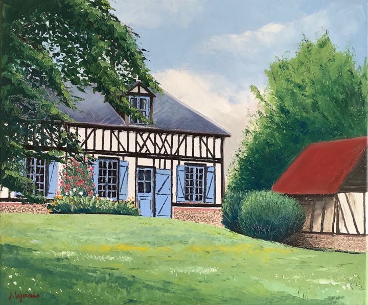 Peinture intitulée "Maison normande" par Jacques Lajoinie, Œuvre d'art originale, Huile