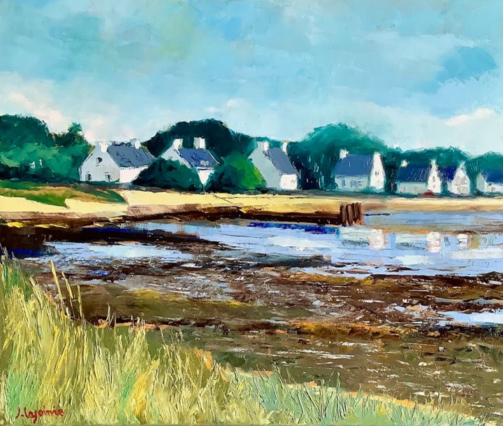 Pittura intitolato "Marée basse en Bret…" da Jacques Lajoinie, Opera d'arte originale, Olio