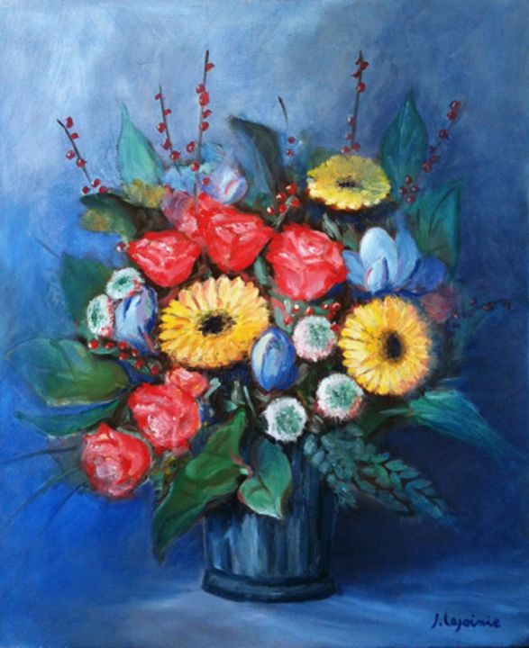 Painting titled "Bouquet de roses, g…" by Jacques Lajoinie, Original Artwork, Oil