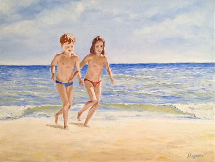 Painting titled "Enfants à la plage" by Jacques Lajoinie, Original Artwork, Oil