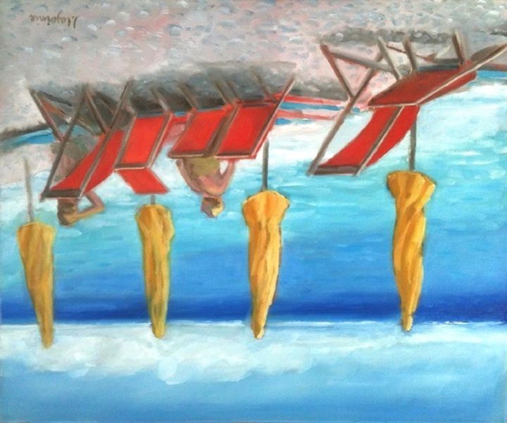Painting titled "Les parasols jaunes" by Jacques Lajoinie, Original Artwork, Oil