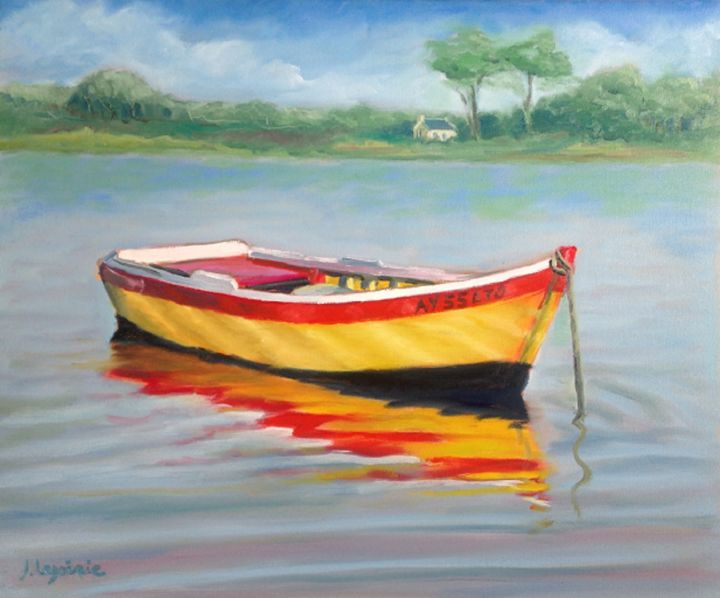 Pintura intitulada "la barque jaune" por Jacques Lajoinie, Obras de arte originais, Óleo