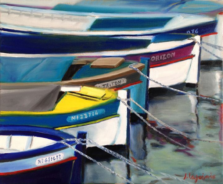 Painting titled "Barques accostées" by Jacques Lajoinie, Original Artwork, Oil