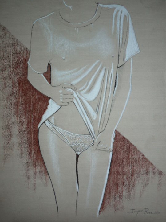 Drawing titled "Dimanche matin" by Jacques Place, Original Artwork, Conté