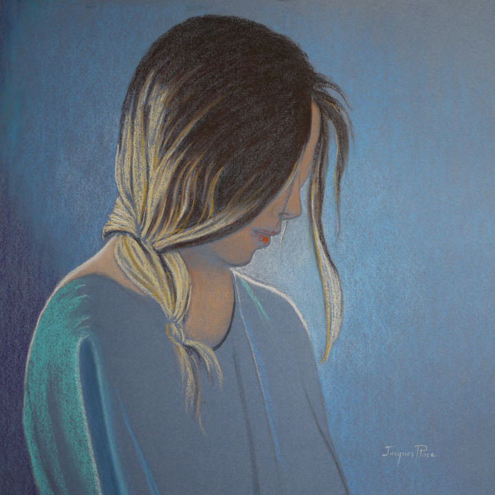 Rysunek zatytułowany „Girl in blue II” autorstwa Jacques Place, Oryginalna praca, Pastel