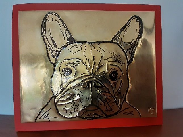 Sculpture titled "Bool-dog français" by Jacques Tronquet, Original Artwork, Embossing Mounted on Wood Panel