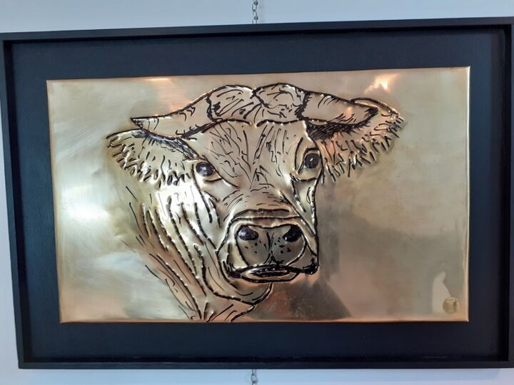 Gravures & estampes intitulée "La vache Charolaise" par Jacques Tronquet, Œuvre d'art originale, Embossage Monté sur Panneau…