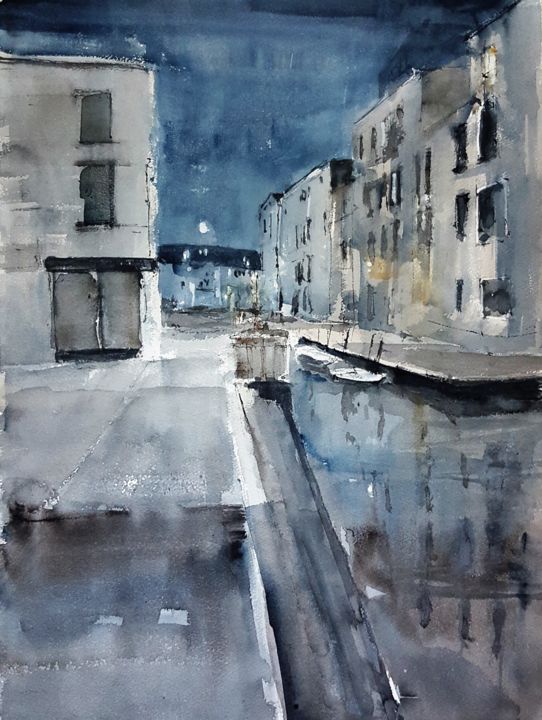 Painting titled "Venecia nocturno" by Jacques Villares, Original Artwork, Watercolor