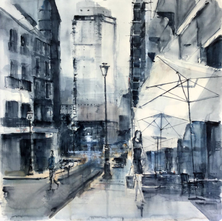 Pintura titulada "Calle Leganitos, Ma…" por Jacques Villares, Obra de arte original, Acuarela