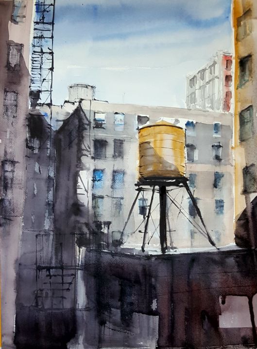Painting titled "New York" by Jacques Villares, Original Artwork, Watercolor