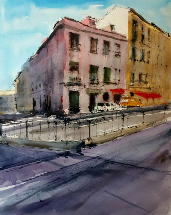 Schilderij getiteld "Calle de la Cebada,…" door Jacques Villares, Origineel Kunstwerk, Aquarel