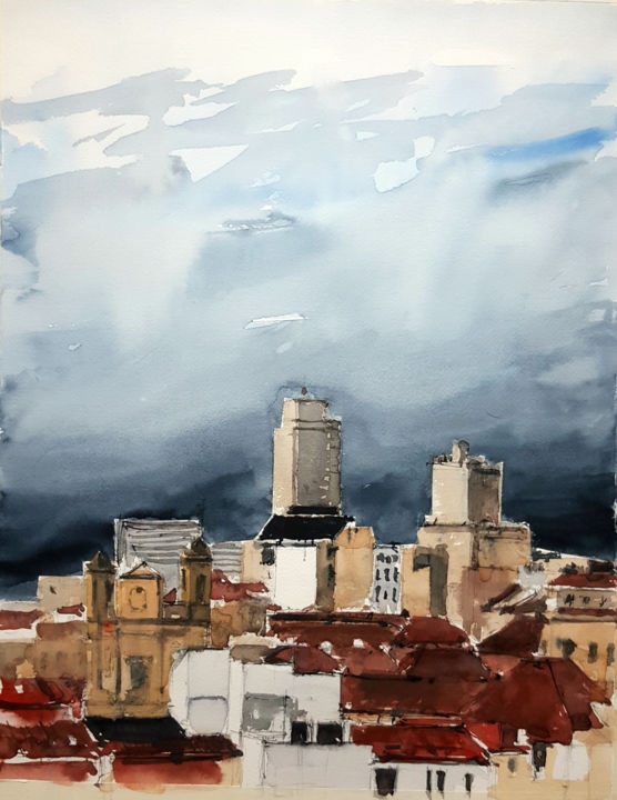 Painting titled "Madrid desde el cie…" by Jacques Villares, Original Artwork, Watercolor