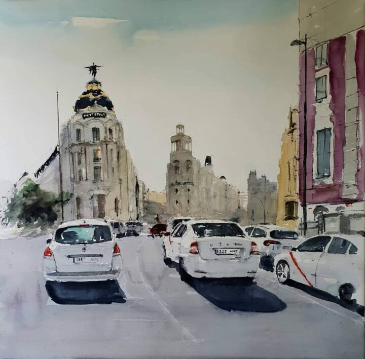 Pintura titulada "Madrid, Gran Via" por Jacques Villares, Obra de arte original, Acuarela