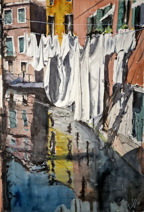 Painting titled "Canales" by Jacques Villares, Original Artwork, Watercolor