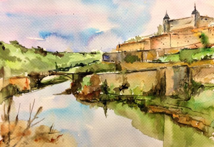 Painting titled "Toledo" by Jacques Villares, Original Artwork, Watercolor