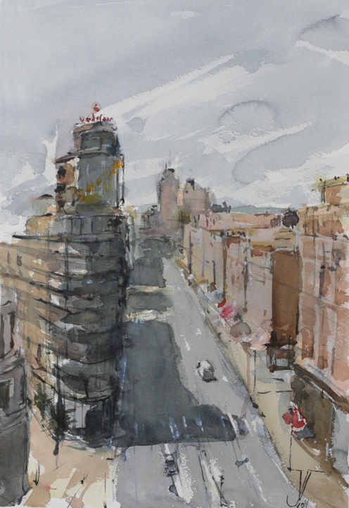 Painting titled "Gran Vía" by Jacques Villares, Original Artwork, Watercolor