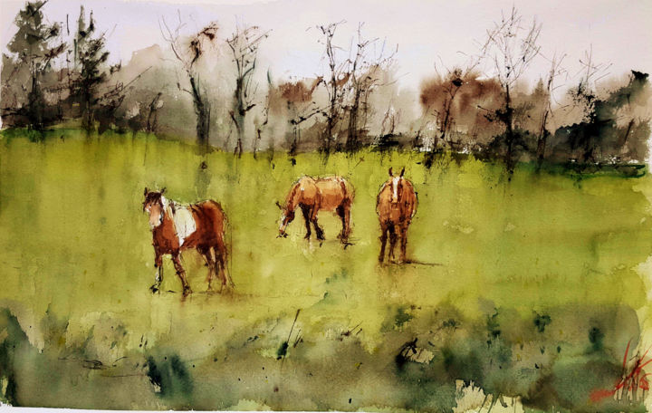 Pintura titulada "caballos galegos" por Jacques Villares, Obra de arte original, Acuarela