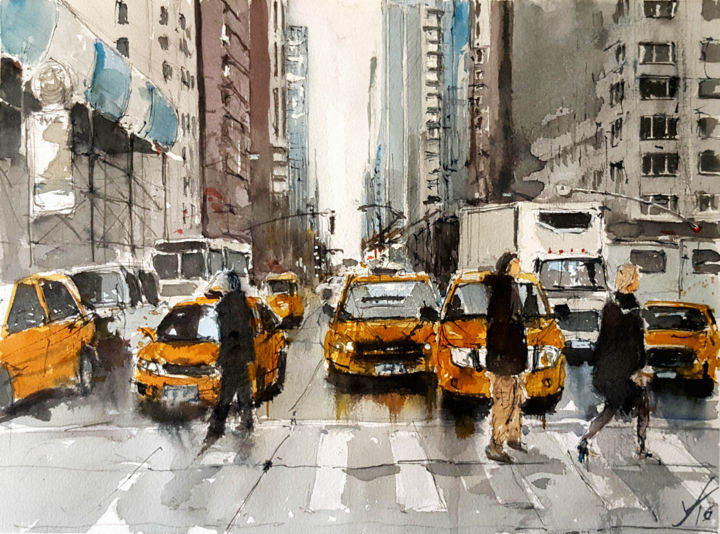 Painting titled "New York 2" by Jacques Villares, Original Artwork, Watercolor