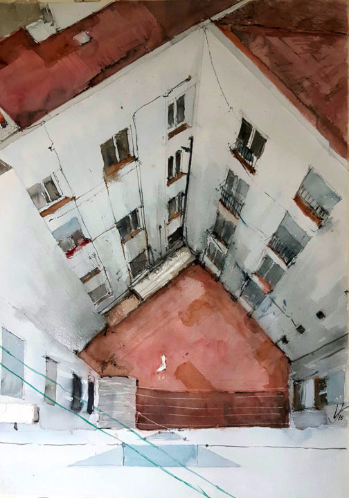 Malerei mit dem Titel "El patio de mi casa" von Jacques Villares, Original-Kunstwerk, Aquarell