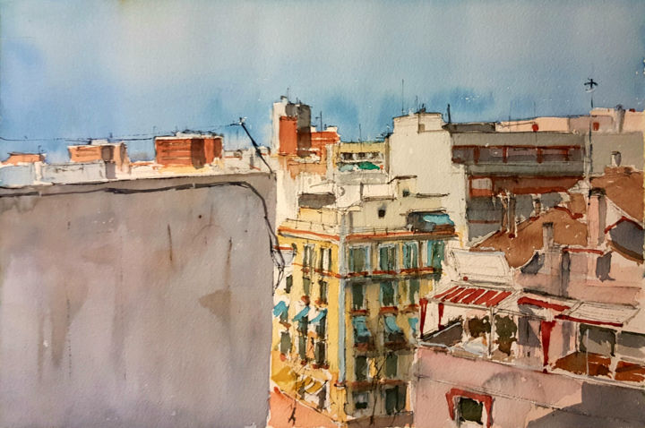 Pintura titulada "Por los tejados" por Jacques Villares, Obra de arte original, Acuarela