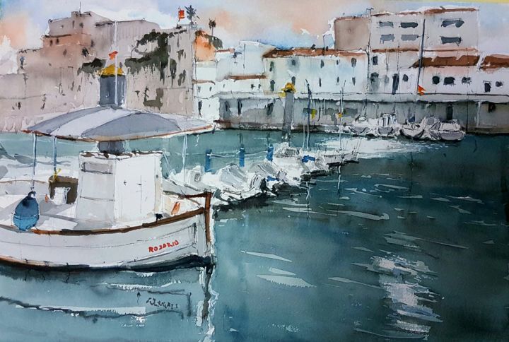 Malarstwo zatytułowany „Puerto de Ciutadella” autorstwa Jacques Villares, Oryginalna praca, Akwarela