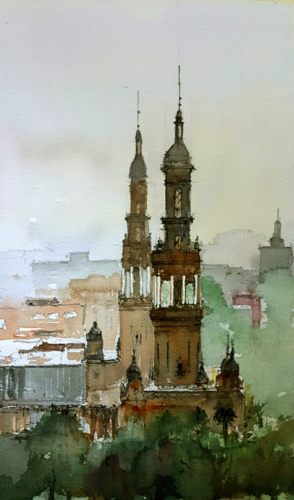 Painting titled "Plaza de España de…" by Jacques Villares, Original Artwork, Watercolor