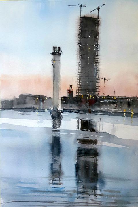 Malarstwo zatytułowany „Torre Pelli, Sevilla” autorstwa Jacques Villares, Oryginalna praca, Akwarela
