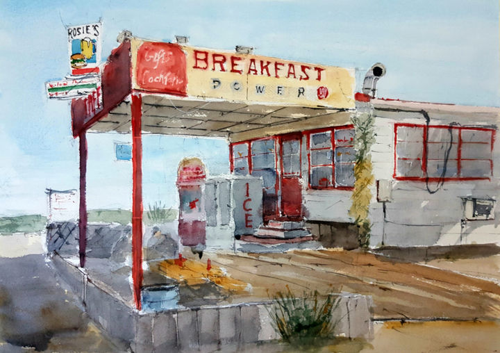 Painting titled "Breakfast in America" by Jacques Villares, Original Artwork, Watercolor