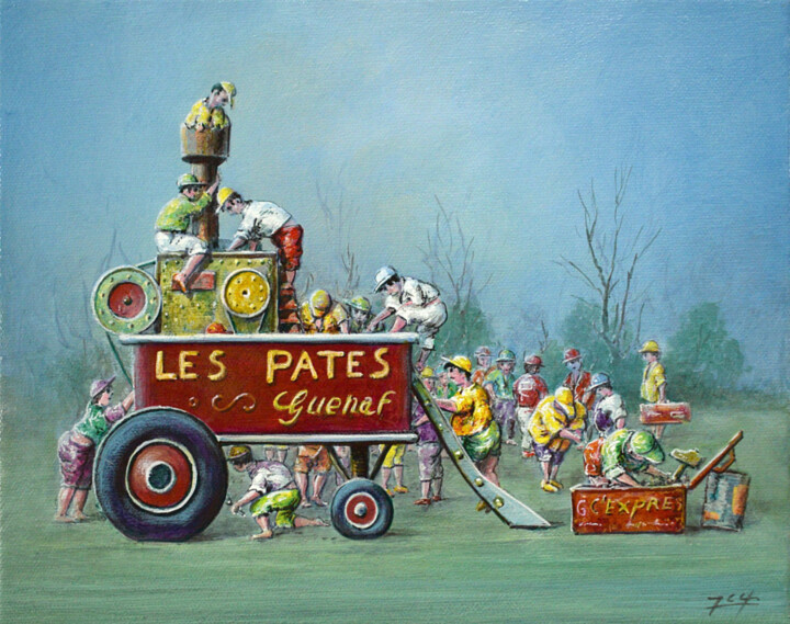 Malerei mit dem Titel "Les mécanos" von Jacquiot, Original-Kunstwerk, Acryl