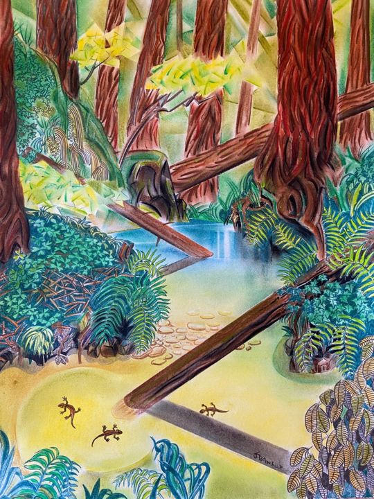 Disegno intitolato "Redwoods at Big Bas…" da Jacques Durand, Opera d'arte originale, Pastello