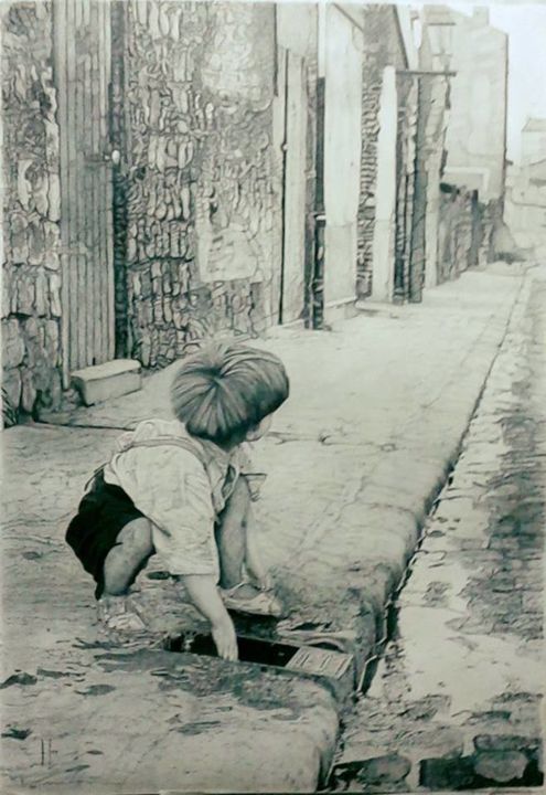Dibujo titulada "jugando en la calle" por Jose Antonio Fos, Obra de arte original