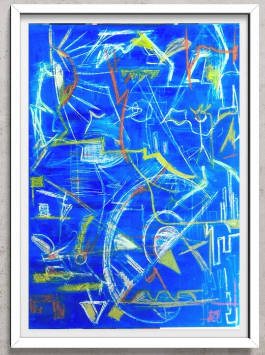 Painting titled "ETHNO BLUE" by Jag, Original Artwork, Pastel Mounted on Wood Stretcher frame