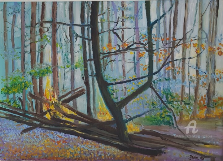 Schilderij getiteld "Brennenden Herbst" door Jaga Rudnicka, Origineel Kunstwerk, Olie