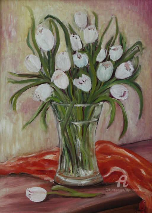 Pintura titulada "Weisse Tulpen und d…" por Jaga Rudnicka, Obra de arte original, Oleo