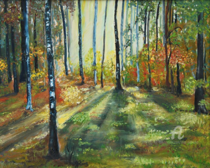 Painting titled "Schatenspiel im Wald" by Jaga Rudnicka, Original Artwork, Oil
