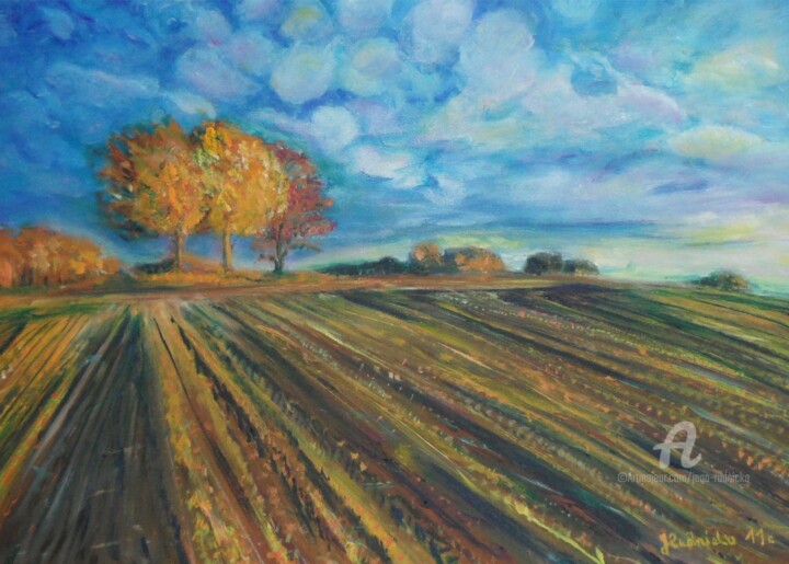 Painting titled "Feld im Herbst" by Jaga Rudnicka, Original Artwork, Oil