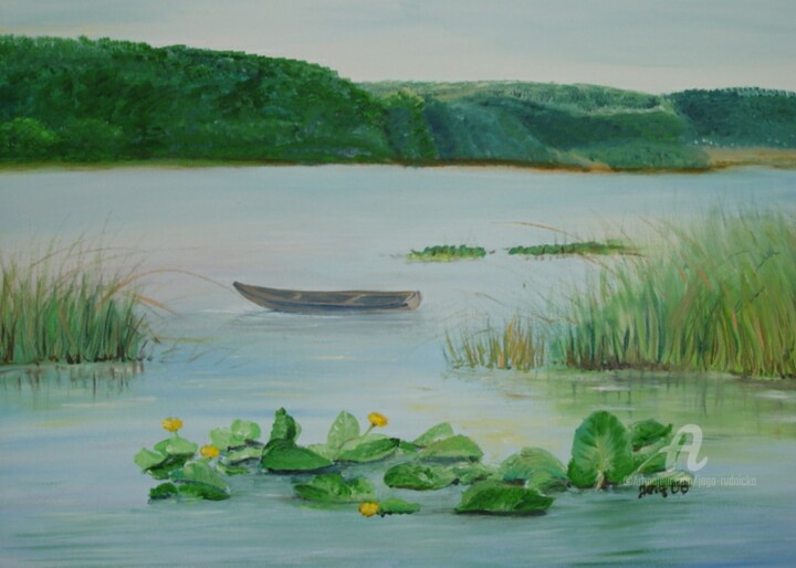 Painting titled "Landschaft mit Boot" by Jaga Rudnicka, Original Artwork, Oil