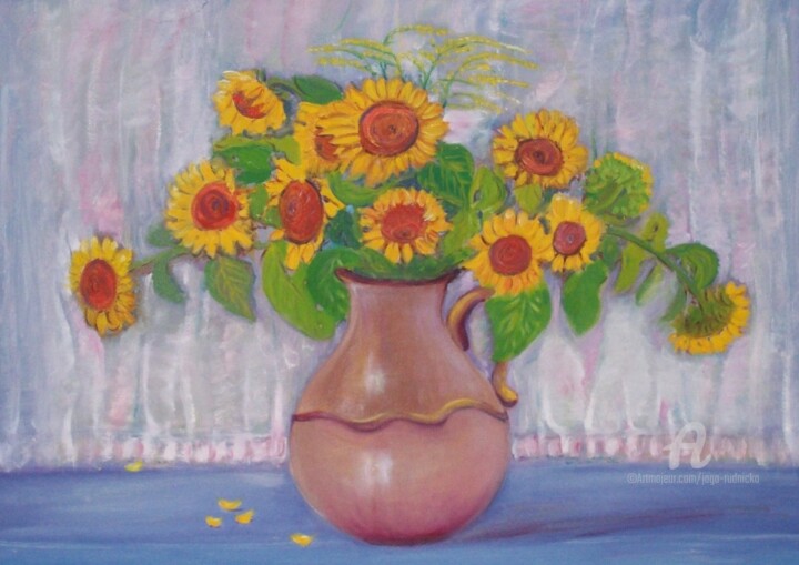 Painting titled "Sonneblumen in Krug" by Jaga Rudnicka, Original Artwork, Oil