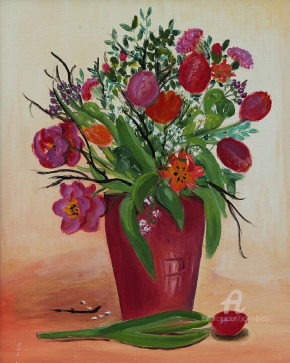 「Tulpen in der roten…」というタイトルの絵画 Jaga Rudnickaによって, オリジナルのアートワーク, オイル