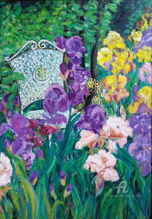 Malerei mit dem Titel "Hinter Blüten" von Jaga Rudnicka, Original-Kunstwerk, Öl