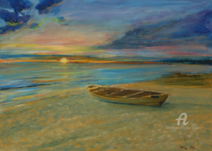 Malerei mit dem Titel "Einsames Boot" von Jaga Rudnicka, Original-Kunstwerk, Öl