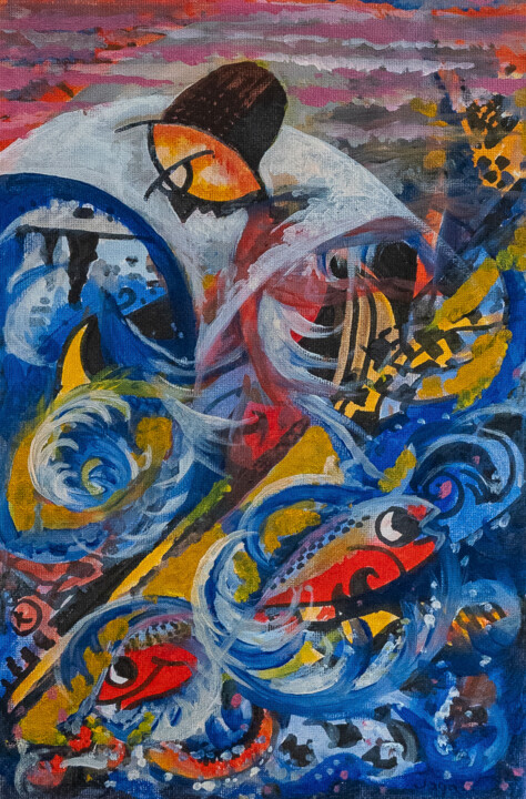 Peinture intitulée "Ocean" par Jagath Wickramarachchi, Œuvre d'art originale, Huile Monté sur Panneau de bois