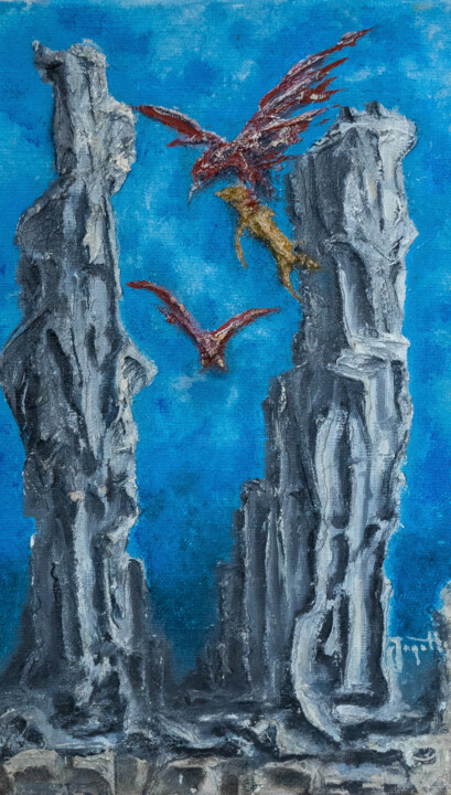 Peinture intitulée "Red Eagles" par Jagath Wickramarachchi, Œuvre d'art originale, Huile Monté sur Panneau de bois
