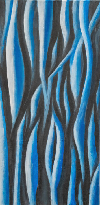 Painting titled "Blue Lines" by Jagath Wickramarachchi, Original Artwork, Oil Mounted on Wood Panel