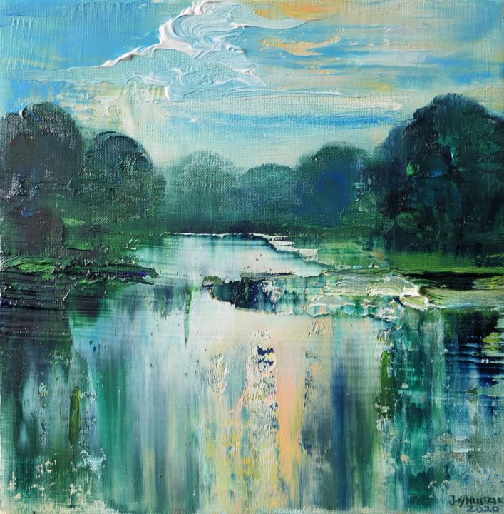 Painting titled ""Pejzaż wiślany XII"" by Jagoda Kaczmarczyk - Hudzik, Original Art, Oil Mounted on Wood Panel