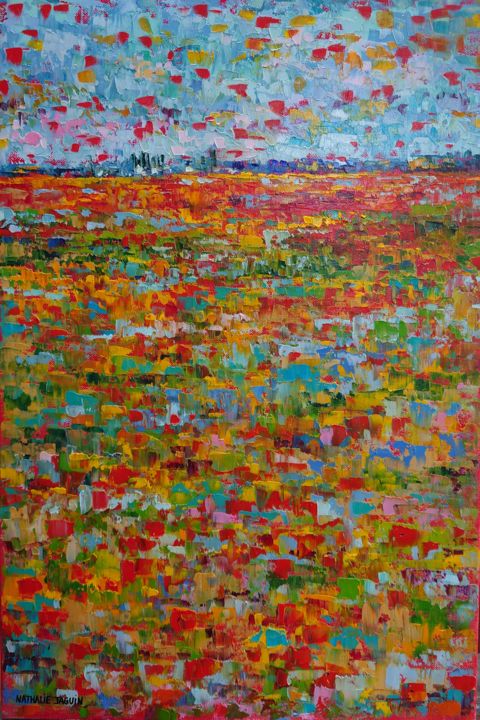 Painting titled "Prairie Millefiori" by Nathalie Jaguin, Original Artwork, Oil