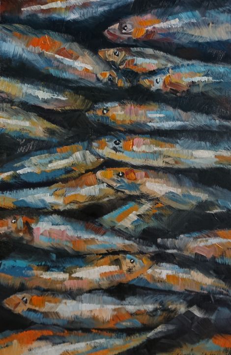 Pintura titulada "sardines 2" por Nathalie Jaguin, Obra de arte original, Oleo
