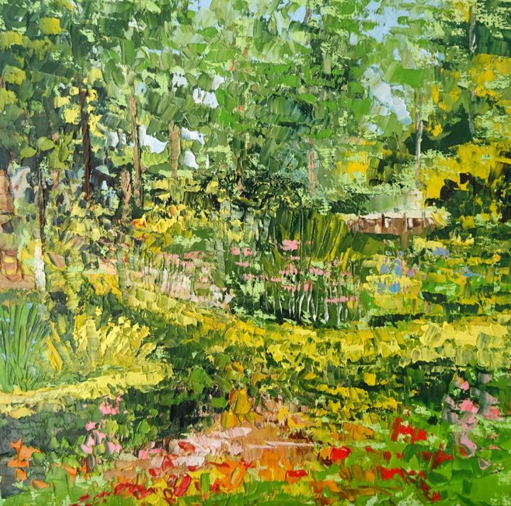 Painting titled "Au jardin" by Nathalie Jaguin, Original Artwork, Oil